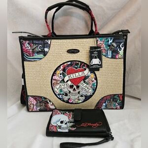 The NEW Ed Hardy Love Kills Slowly Woven Tote Bag & Matching Wristlet Wallet Set
